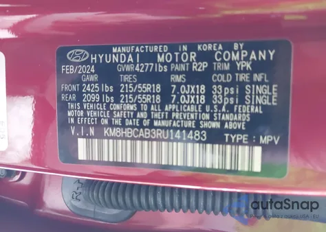 2024 Hyundai Kona Sel из США, поврежденный, VIN KM8HBCAB3RU141483